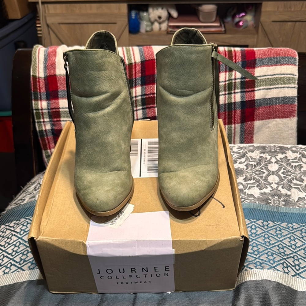 Journee Collection Green Ankle Booties with Suede Texture